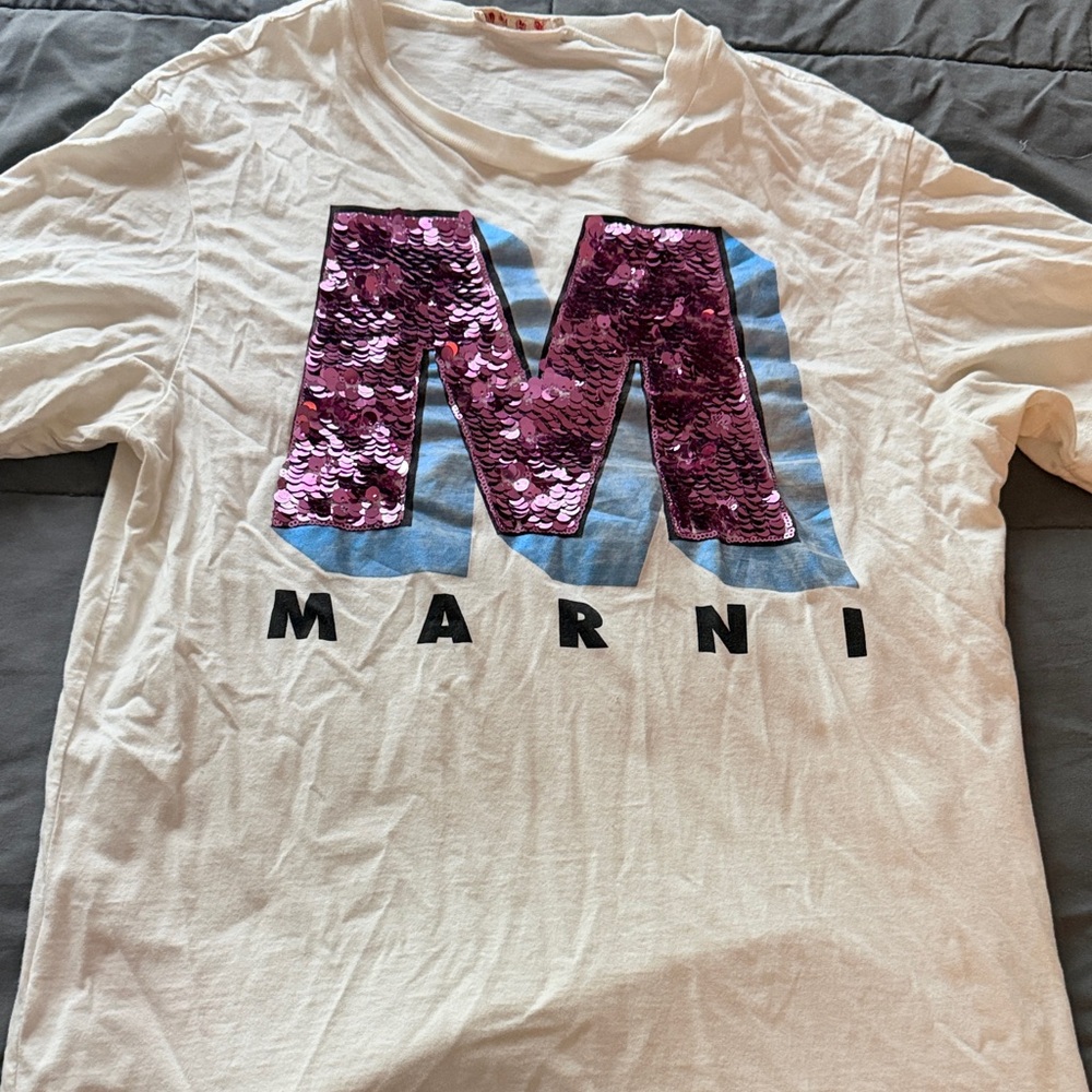 Marni White Short-Sleeve Tee with Pink Sequin 'M' and Blue Shadow